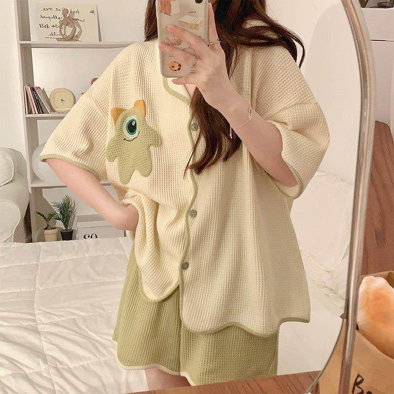 带胸垫大眼怪短袖睡衣女士夏天针织棉可爱居家服两件式套装春秋夏