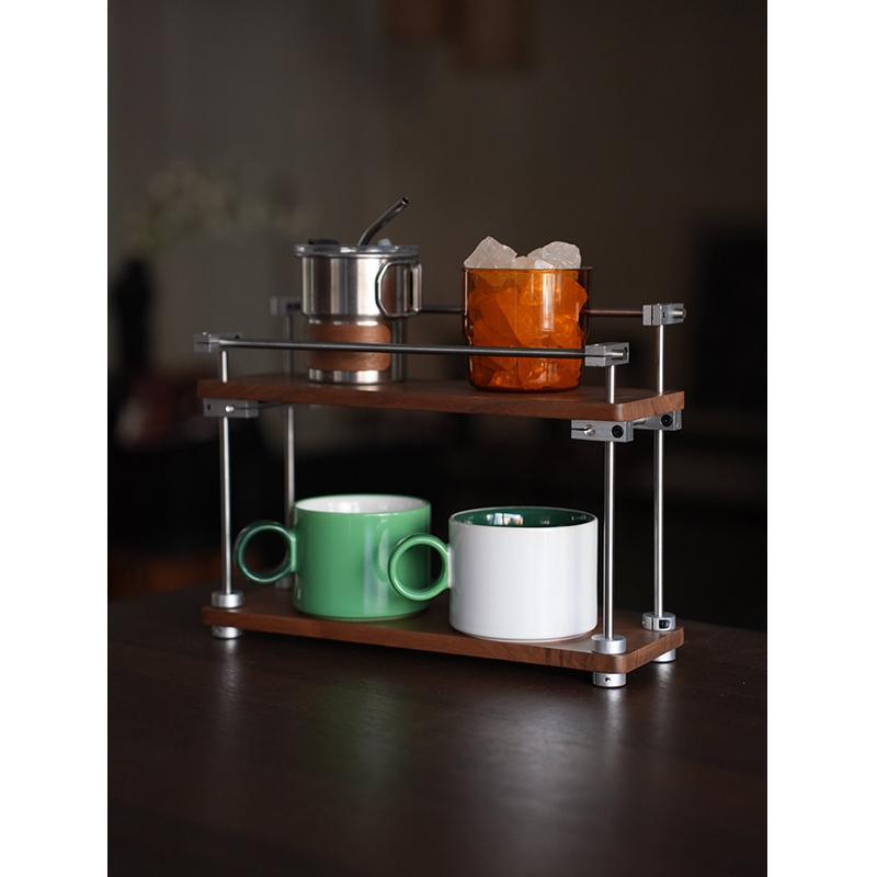 云川森黑胡桃木覆古咖啡角杯光轴置物架桌面摆件收纳层架茶具杯子