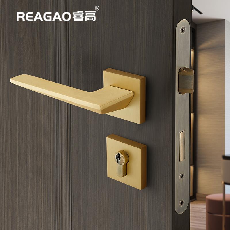 睿高现代轻奢门锁静音磁吸分体式门锁室内卧室门把手全铜别墅门锁