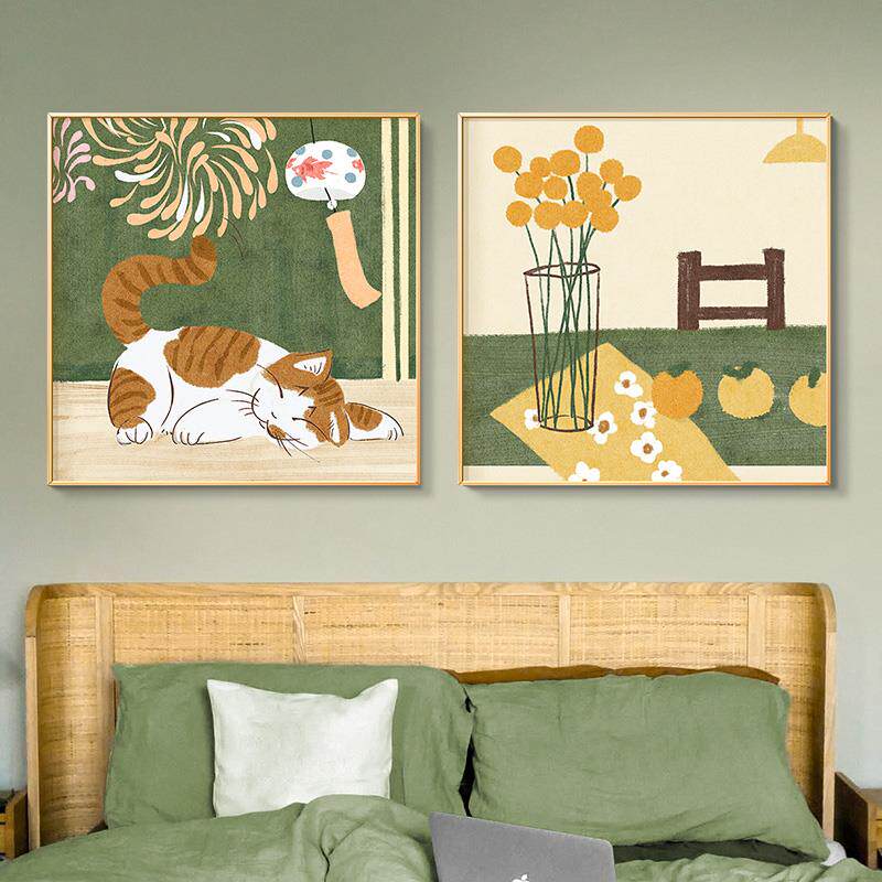卡通猫咪挂画瓶子水果日式原木风装饰画正方形抽象艺术温馨餐厅画