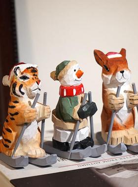 “滑雪公园”手工木雕装饰品可爱的卡通动物雪橇桌面圣诞装饰品