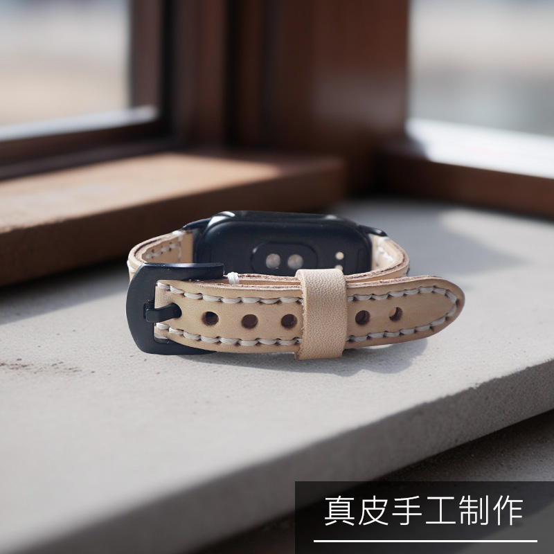 复古手工真皮植鞣皮适用小米手环10表带卡扣夏天原色牛皮9代表带