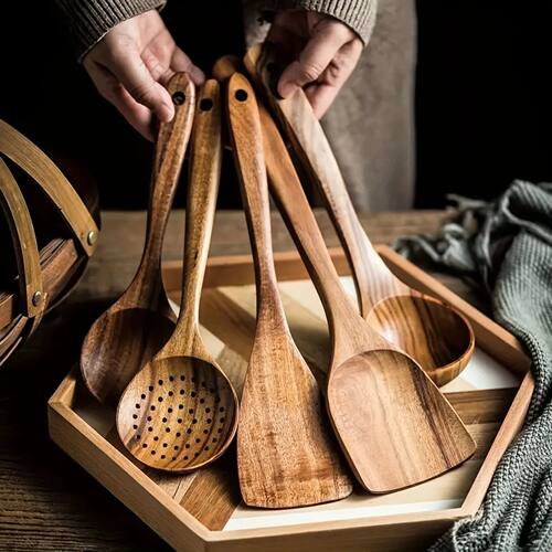 Bohemian Style 5 Pcs Wooden Kitchen Tool Set - Osier Pattern
