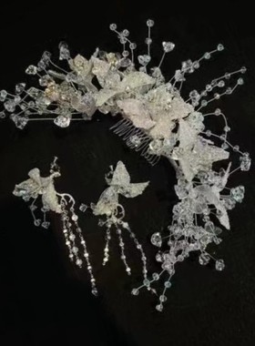 7621白色水晶韩式新娘头饰简约大气披发叠加皇冠实用婚饰