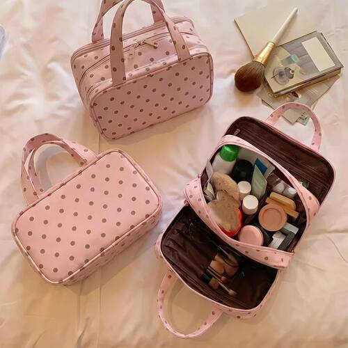 Pink Polka Dot Large Capacity Handheld Makeup Bag, Travel Gr