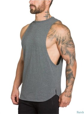 Men vest Fitness Man gym tanktop男低叉背心健身无袖纯棉Shirts