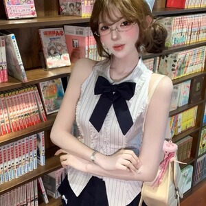 韩系高级感纯欲风无袖条纹衬衫女夏甜辣妹蕾丝拼接半身裙两件套装