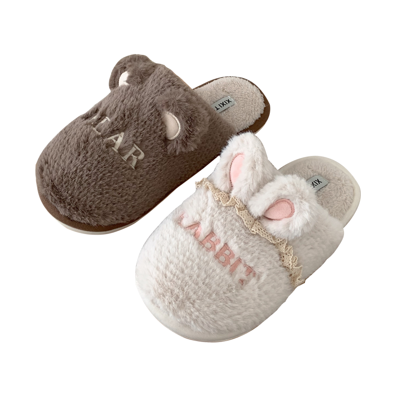 男童女童保暖毛绒防滑居家棉鞋卡通可爱小熊兔子宝宝儿童棉拖鞋冬