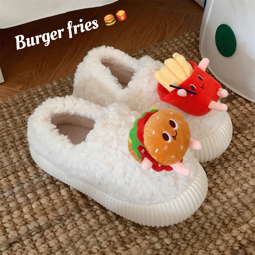 百搭冬季休闲懒人女舒适棉鞋简约风复古羊羔毛可爱薯条汉堡面包鞋