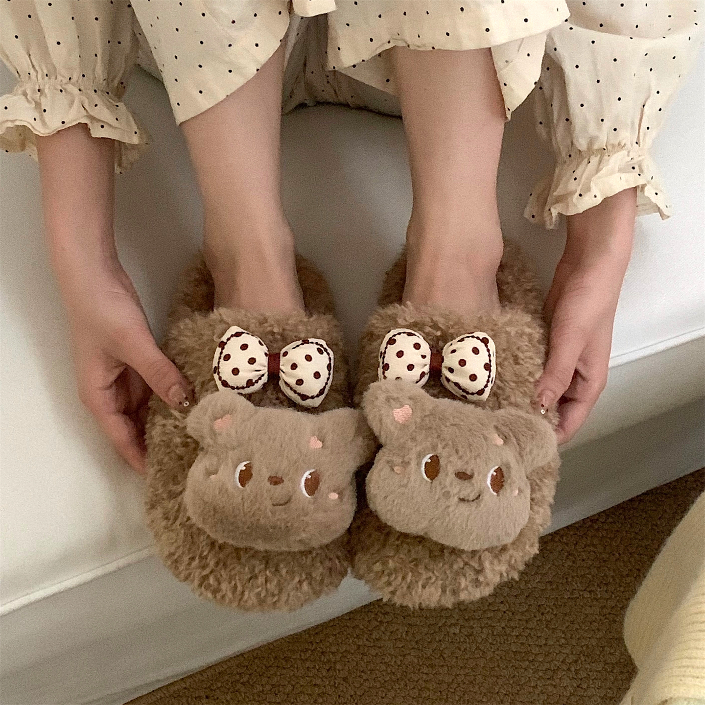 韩系蝴蝶结小熊棉拖鞋女保暖可爱