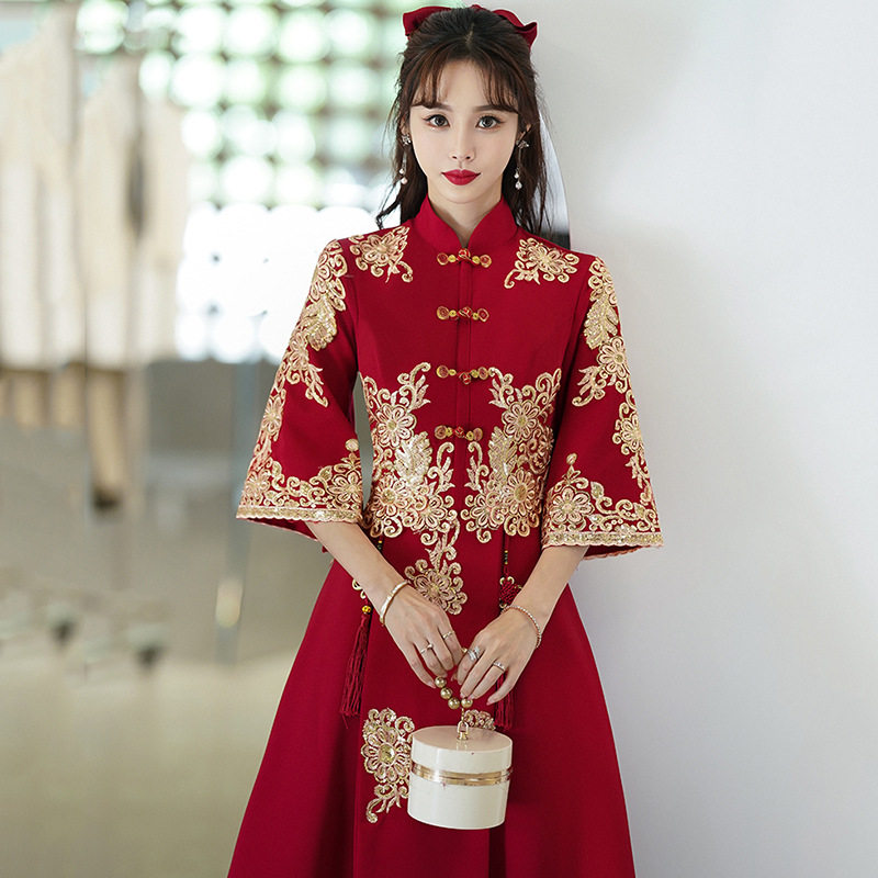 2026新款909大码敬酒服礼服新娘旗袍中式回门结婚订婚刺绣轻奢