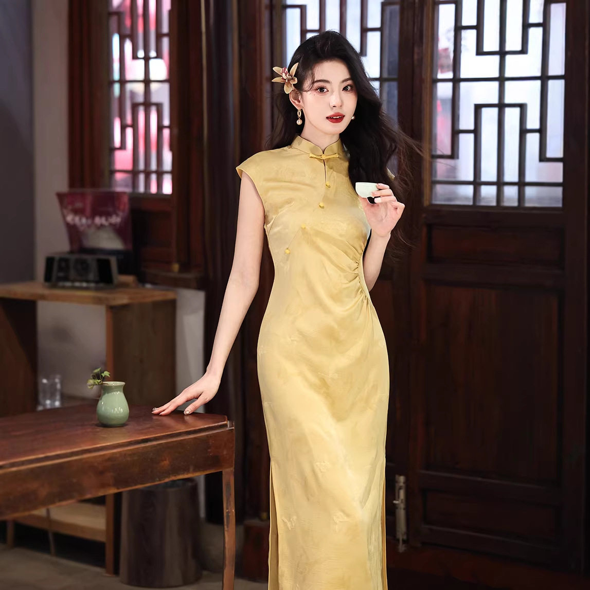 2026新款黄色新中式改良旗袍春夏国风日常修身气质礼服年轻款旗袍