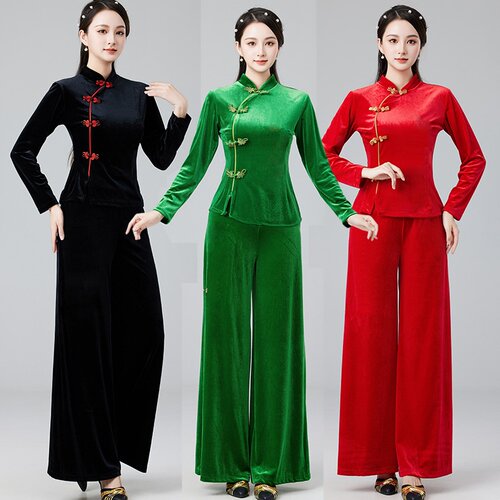 2026新款旗袍领广场舞服装套装秋冬金丝绒演出服女大摆裙阔腿裤跳