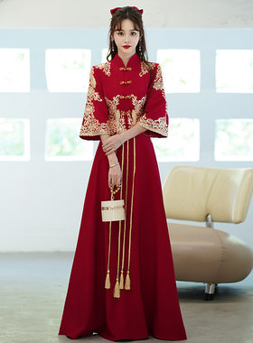 2026新款大码敬酒服新娘夏季结婚订婚礼服中式秀禾服酒红色长款敬
