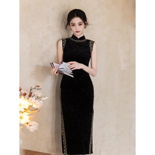 2026新款 黑色丝绒改良旗袍复古金边纹样优雅高端气质连衣裙无