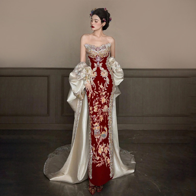 2026新款旗袍抹胸拖尾敬酒秀禾服婚服出阁中式嫁衣新娘订婚宴礼服