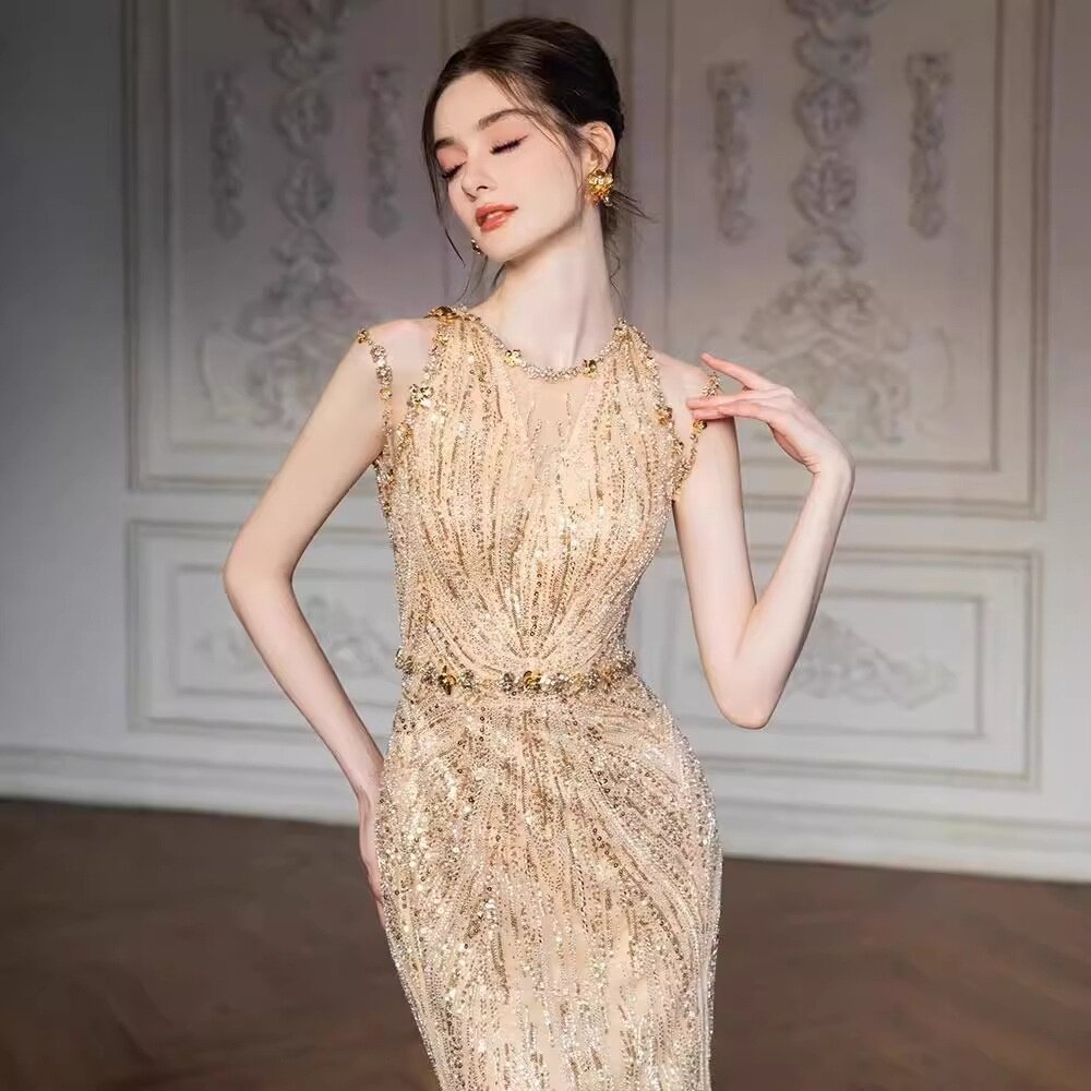 2025新款晚礼服女金色重工高端宴会轻奢气质名媛订婚亮片鱼尾