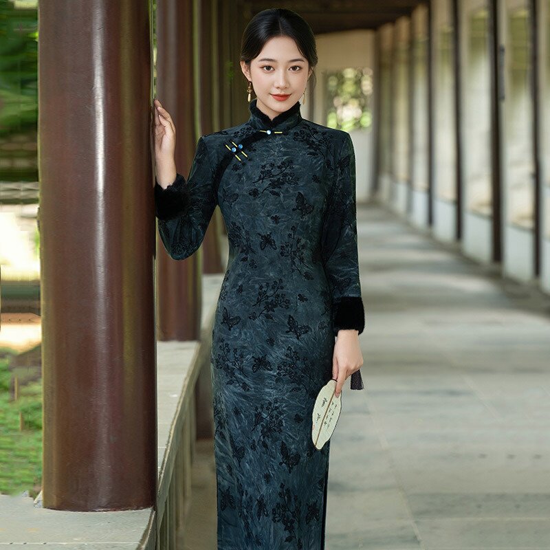 2026新款蓝色加绒加厚冬装国风新中式长袖改良旗袍年轻款女高