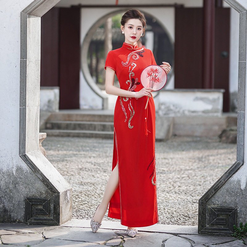 2026新款走秀旗袍中国风复古气质舞台演出服长款优雅中老年表演装