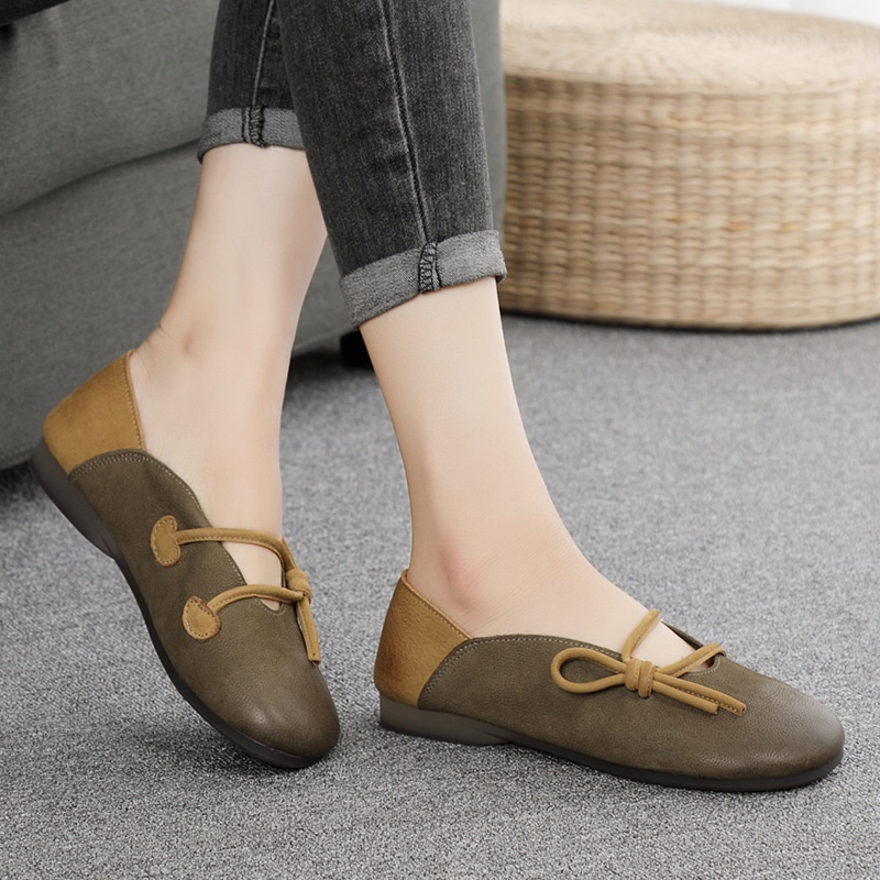 2025新款春季复古文艺范牛皮拼色单鞋软底一脚蹬懒人鞋舒适豆