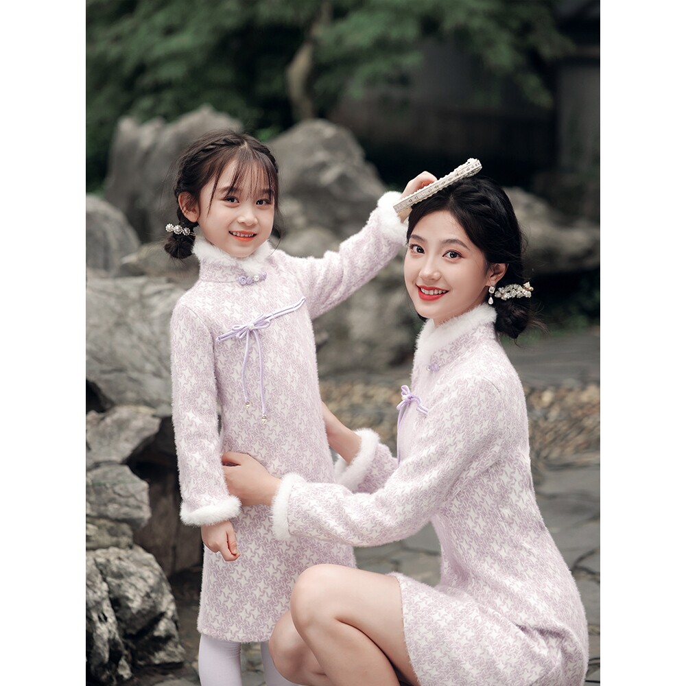 2026新款亲子旗袍母女装冬装中国风改良长袖毛领连衣裙唐装亲
