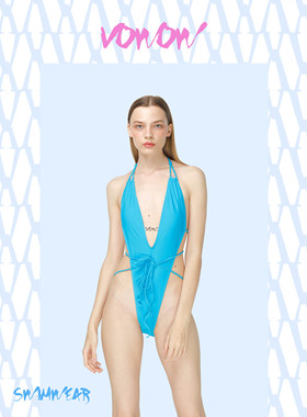 VOWOW原创 马赛克蓝 欧美ins风 深V露背性感绑带连体泳衣