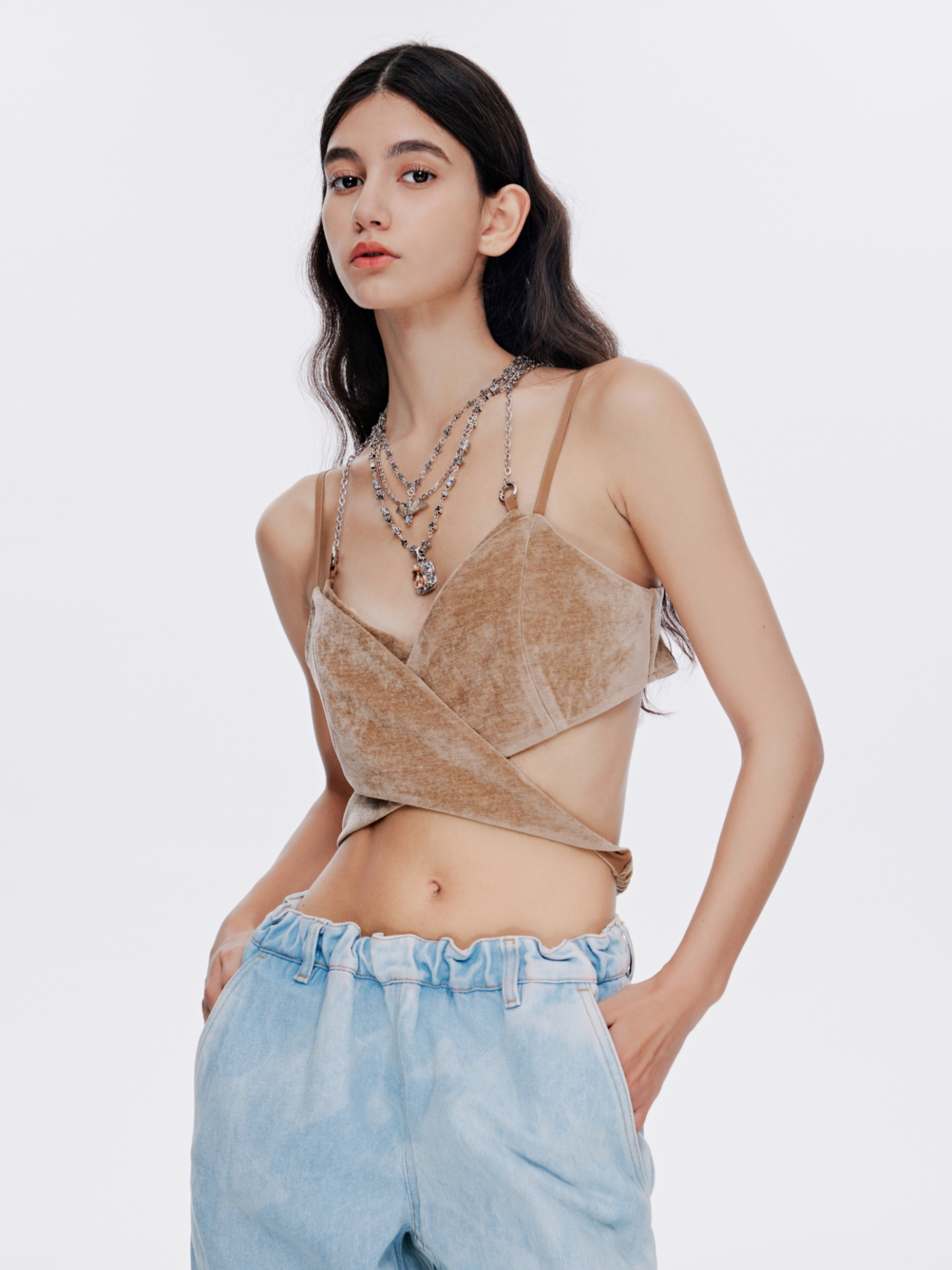 vowow双层设计感丝绒链条背心吊带