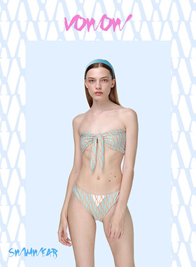 VOWOW原创 低饱和蓝橙配色印花欧美ins风分体抹胸式比基尼 无胸垫