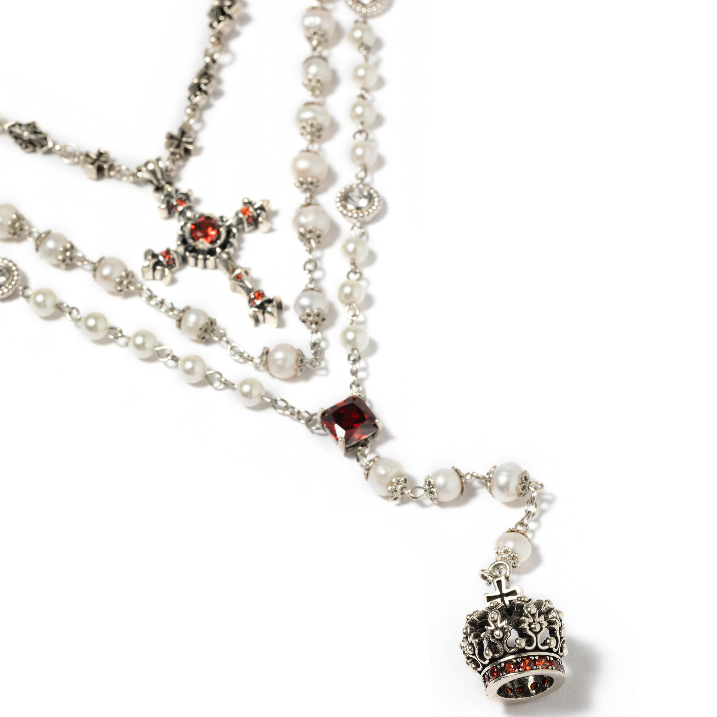 VOWOW珍珠红宝十字架S925纯银叠链项链