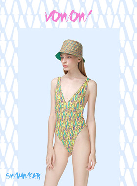 VOWOW原创 品牌Logo经典印花连体泳衣欧美ins爆款性感高开叉