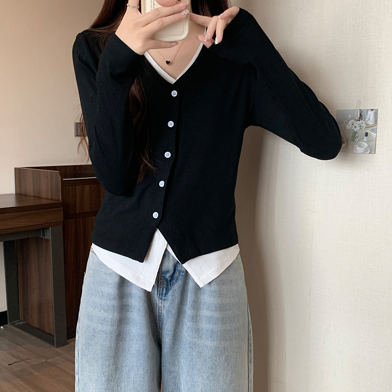 实拍实价#打底衫女内搭假两件设计感小众上衣v领t恤女长袖