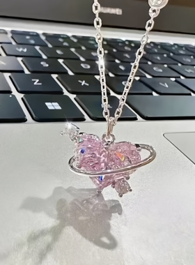 七夕送礼百搭吊坠甜酷风粉钻爱心项链女小众甜美合金链条颈链饰品