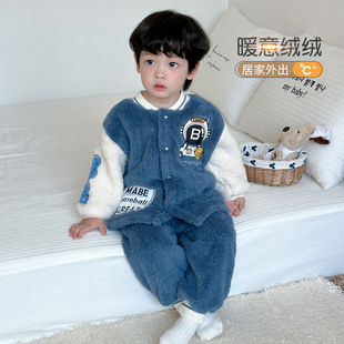 秋冬款儿童长毛绒睡衣套装卡通棒球风女孩宝宝加厚男童家居服洋气