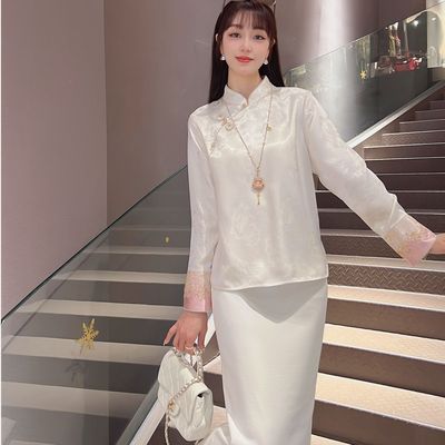 《七七定制》2025年秋冬季醋酸重工刺绣百搭立领女衬衣7258