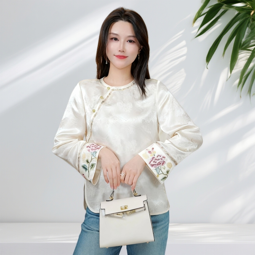 《ELFBOX》时尚春秋中国风新中式上衣万针刺绣气质衬衫6443