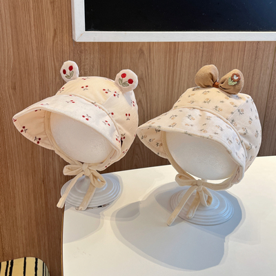 婴儿帽子春秋季大帽檐樱桃女童遮阳宫廷帽秋冬宝宝出游防风包头帽