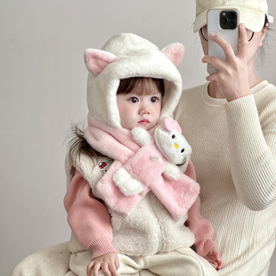 儿童帽子围巾一体秋冬季加厚毛绒男女童防风护耳帽可爱小猫宝宝帽