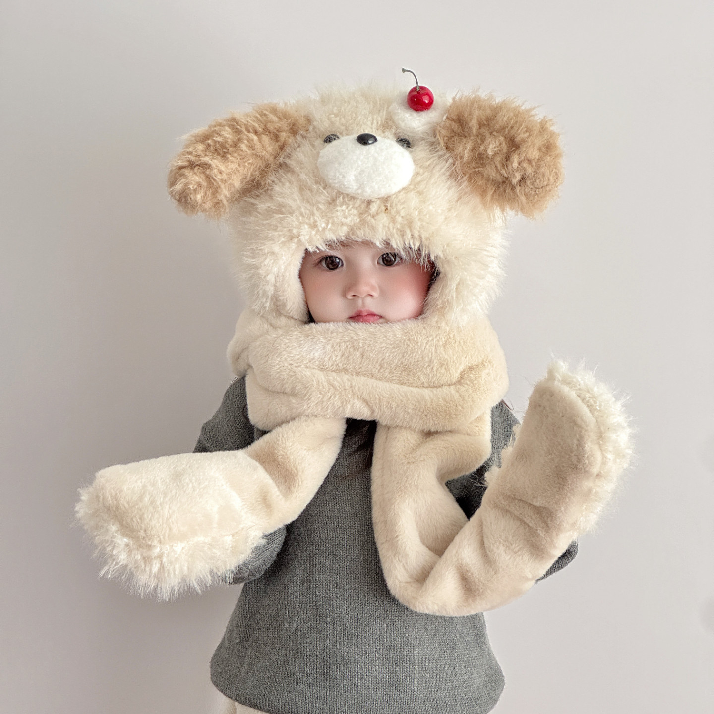 儿童帽子围巾手套三件套秋冬季加厚毛绒樱桃熊保暖男女宝宝护耳帽,童装/婴儿装/亲子装,帽子,淘宝优惠券,粉丝福利购,淘宝优惠卷