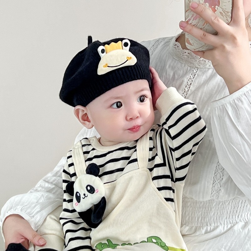 婴儿贝雷帽春秋季可爱青蛙男童毛线帽秋冬针织百搭女宝宝画家帽子