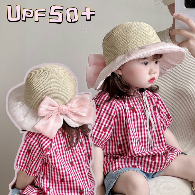儿童防晒草帽夏天大帽檐纯色蝴蝶结女童沙滩渔夫帽户外宝宝遮阳帽