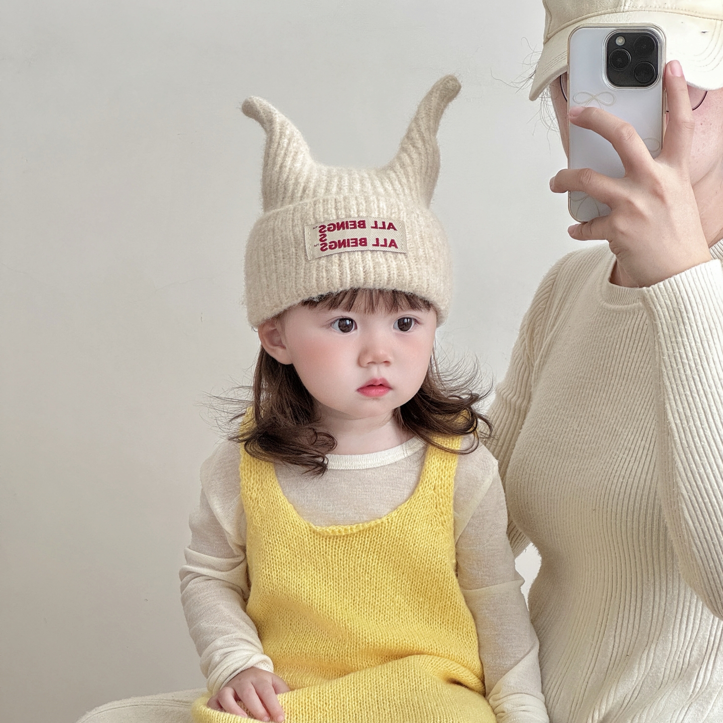 儿童毛线帽秋冬季贴标牛角防风宝宝针织套头帽户外婴儿保暖护耳帽