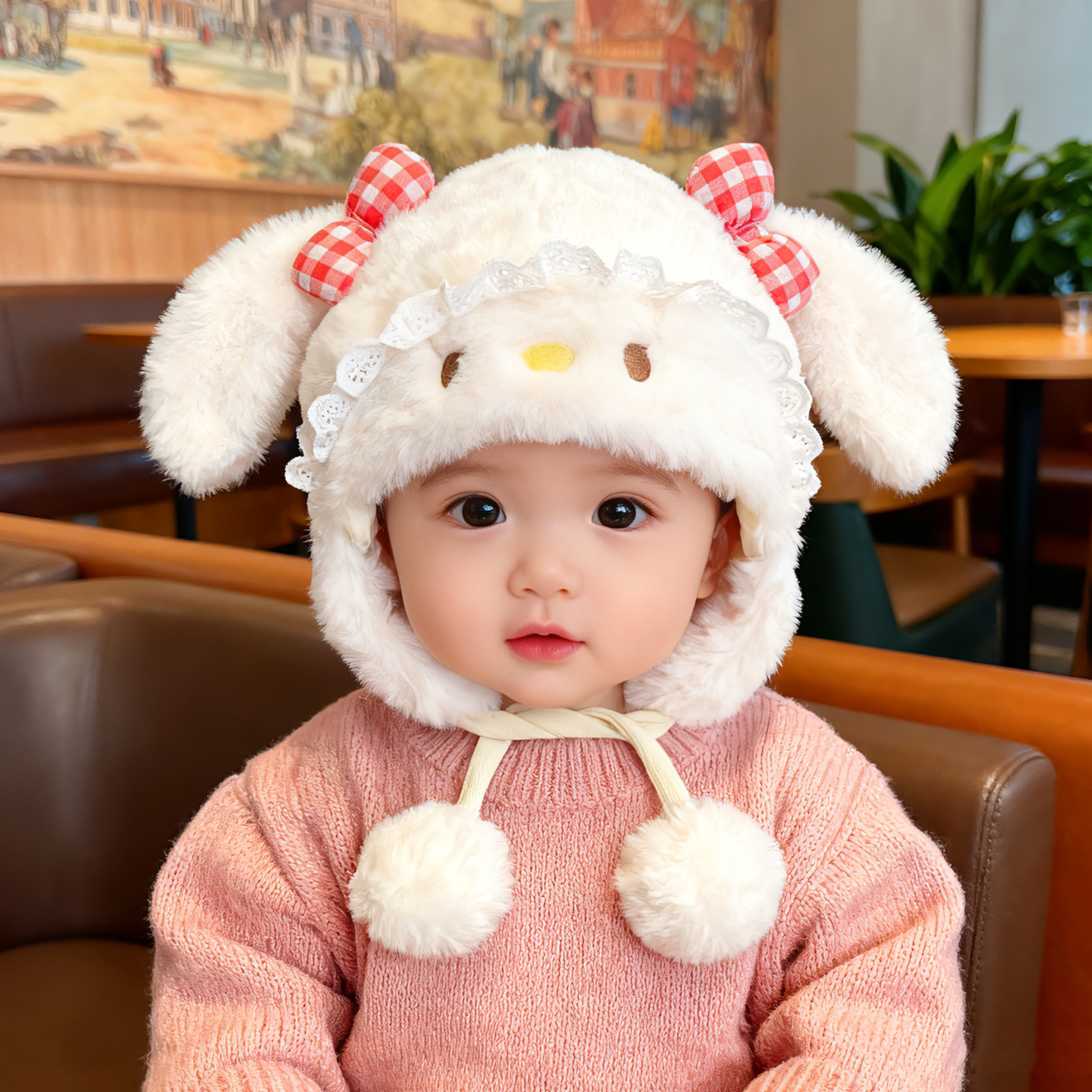 宝宝帽子秋冬季可爱蝴蝶结耳朵女童保暖套头帽加厚毛绒婴儿护耳帽