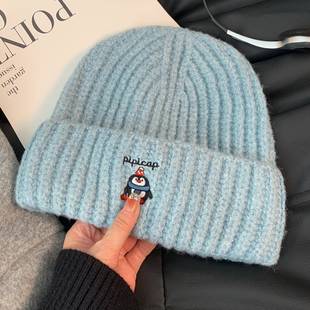 百韩系可爱企刺绣针织显帽女秋MZ 保暖脸小毛线帽鹅搭冷 50860冬季
