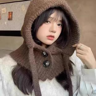 含羊毛纯色巴拉克拉法帽女秋冬2024新款加厚保暖毛线帽子围脖一体