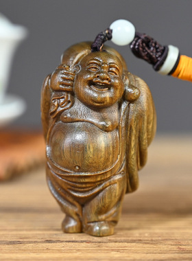 绿檀木雕刻布袋弥勒佛木质文玩手把件钥匙扣汽车内饰挂件工艺品