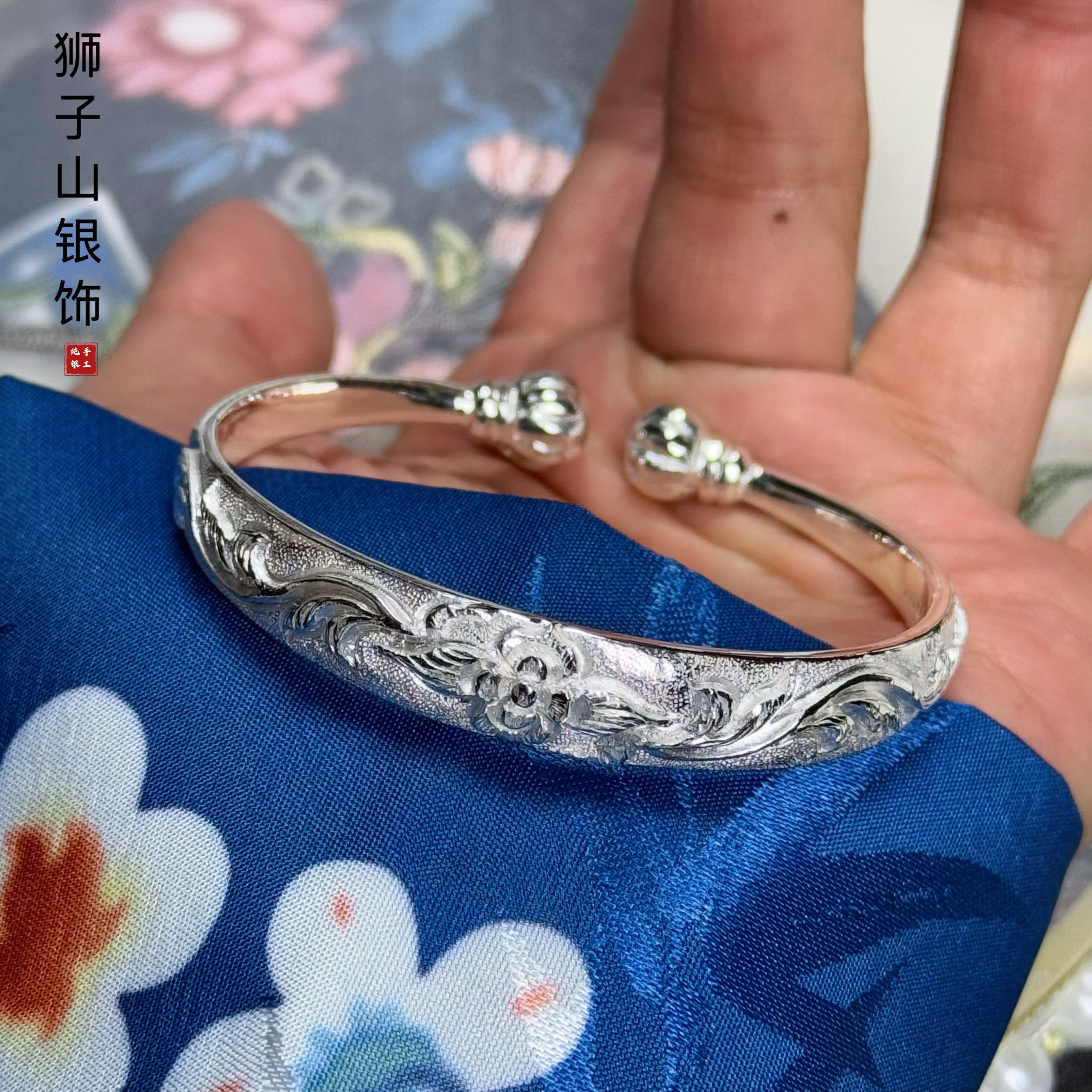 寸子莲足银999南瓜头泥鳅背古风银手镯纯手工錾刻定制刻字送妈妈