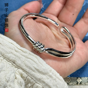 回绕光面绕丝个性足银9999纯银手镯男女情侣简约实心手环定制刻字