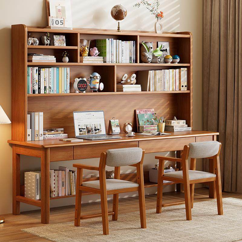实木双人书桌书架一体儿童学习桌多人组合小学生写字桌家用电脑桌