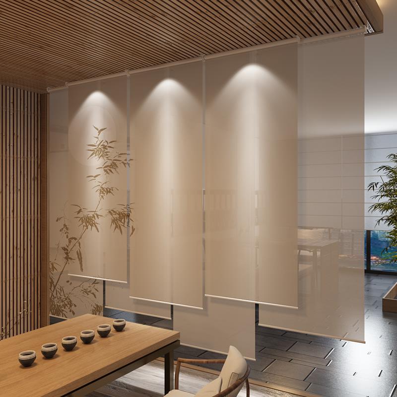 新中式拉卷式客厅茶室电动升降卷帘窗帘遮阳屏风隔断帘门帘子定制