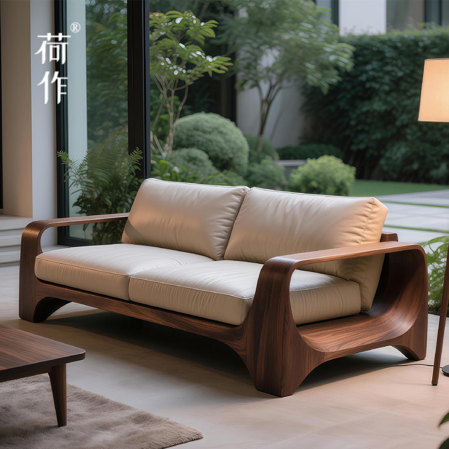 荷作榫卯新中式实木北美黑胡桃木皮艺沙发高端别墅客厅接待定制